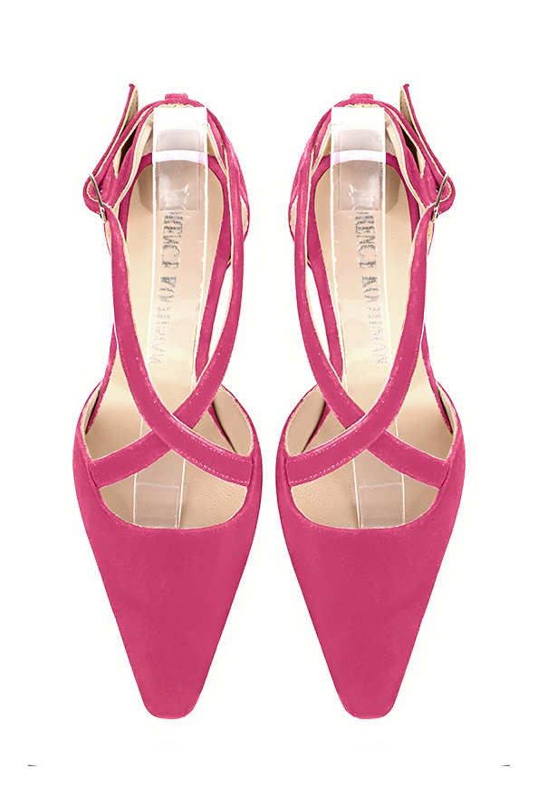 Women's fuschia pink open side dress shoes, with crossed straps. Tapered toe. Low kitten heels - Top view